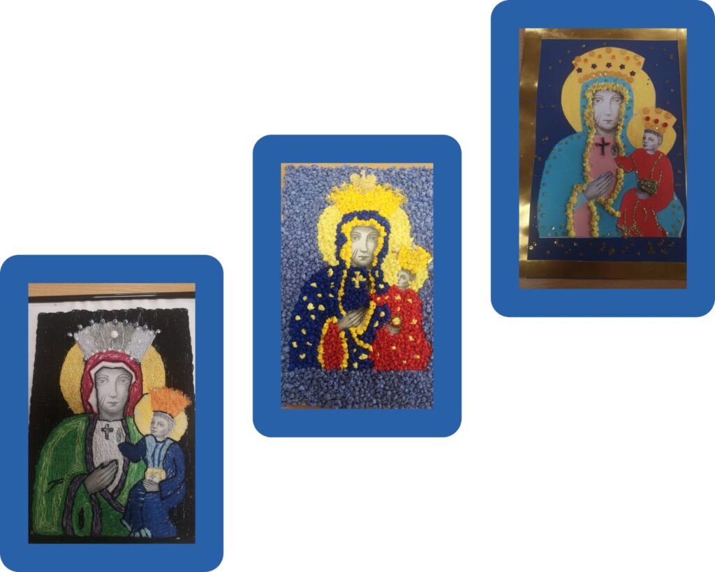 Jest to kolejny zestaw trzech dzieł sztuki przedstawiających Madonnę z Dzieciątkiem. Techniki wykorzystane w tych pracach to kolaż i rzeźba, z bogatą gamą kolorów i faktur. Prace te są również eksponowane na niebieskim tle, co dodatkowo podkreśla ich kolorystykę.