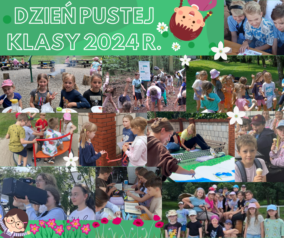 Ten obraz przedstawia różne sceny z Dnia Pustej Klasy 2024, święta na świeżym powietrzu. 

**Górny rząd**: Widoczny jest napis "Dzień Pustej Klasy 2024r." na zielonym tle, z ilustracją uśmiechniętej dziewczynki oraz kwiatów. Zdjęcia pokazują grupy dzieci bawiące się na świeżym powietrzu, malujące i uczące się.

**Środkowy rząd**: Dzieci jedzą posiłki na pikniku, uczestniczą w zajęciach na świeżym powietrzu i wykonują różne aktywności, takie jak zbieranie przedmiotów z ziemi czy zabawy w grupie.

**Dolny rząd**: Widać dzieci bawiące się na placu zabaw, rozmawiające i biorące udział w warsztatach artystycznych oraz naukowych, patrzące przez teleskop, oraz pozujące do wspólnego zdjęcia grupowego.

Ogólnie, zdjęcia przedstawiają dzieci spędzające czas na zabawie, nauce i różnych aktywnościach na świeżym powietrzu w atmosferze radości i współpracy.